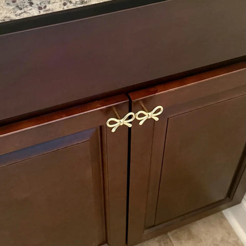 Cabinet with 2 Pack Solid Brass Bow Drawer Knobs In Gold, Vintage Cabinet Hardware For Kitchen, Elegant Bow Style