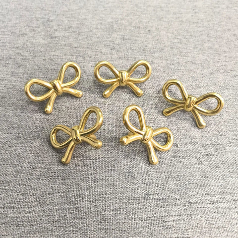 2 Pack Solid Brass Bow Drawer Knobs In Gold, Vintage Cabinet Hardware, elegant bow style knobs with smooth rounded edges.