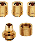 Gold XF Compression Fittings For Water Cooling 10/13 Mm 3/8 To 1/2 Inch ID OD Four Pack With G1/4 BSPP Threads displayed