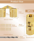 Size diagram of Hidden Brass Barrel Hinges Set With 8 mm Drill Bit for DIY projects, including 8 gold-finish hinges and screws
