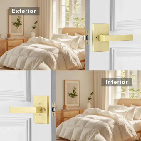 Gold Satin Brass Privacy Door Lever For Interior Bathroom With Silent Mechanism And Push Button Lock Exterior Lever shown on bedroom door