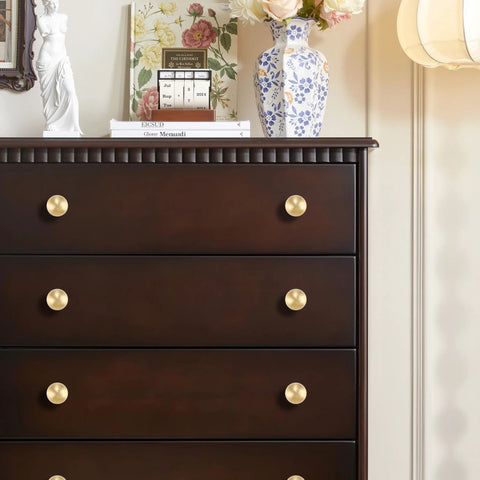 Dresser with One Inch Gold Ball Cabinet Knobs Set Crafted From Solid Brass With Hand Brushed Finish, displaying premium brushed brass hardware.
