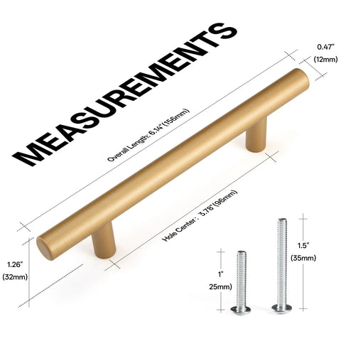 Ten Pack Hollow Stainless Steel Cabinet Handles in Gold Finish 6 Inch Length with Measurements and Screws