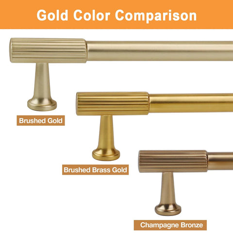 Gold color comparison showing brushed gold, brushed brass gold, and champagne bronze cabinet handles.