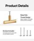 Product details showing deep hole thread design and included screws for Ten Pack Hollow Stainless Steel Cabinet Handles in Gold Finish.