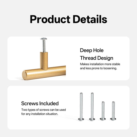 Product details showing deep hole thread design and included screws for Ten Pack Hollow Stainless Steel Cabinet Handles in Gold Finish.