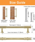 Size guide for 20 Pack Brushed Gold Cabinet Handles with dimensions and screw sizes shown.