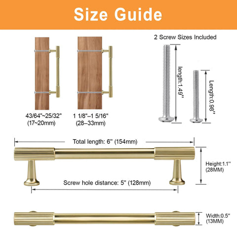 Size guide for 20 Pack Brushed Gold Cabinet Handles with dimensions and screw sizes shown.