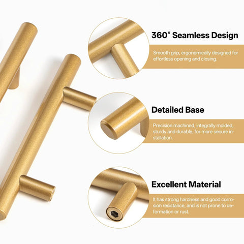 Ten Pack Hollow Stainless Steel Cabinet Handles in Gold Finish, 6 Inch Length with 3.78 Inch Hole Centers, anti fingerprint matte coating details