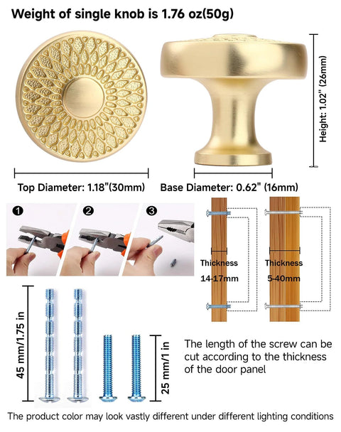 Brushed Gold Kitchen Cabinet Knobs 10 Pack Zinc Alloy Single Hole Round Drawer Pulls, size details and screws.