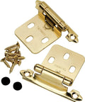 Gold finish cabinet hinges with matching screws, hardware kit visible, suitable for cabinet doors in close-up view.