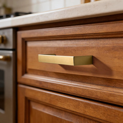 Installed Brushed Brass Cabinet Pulls Set Of 10, 3-Inch Hole Center Handles For Kitchen Cabinets And Drawers on wooden drawer