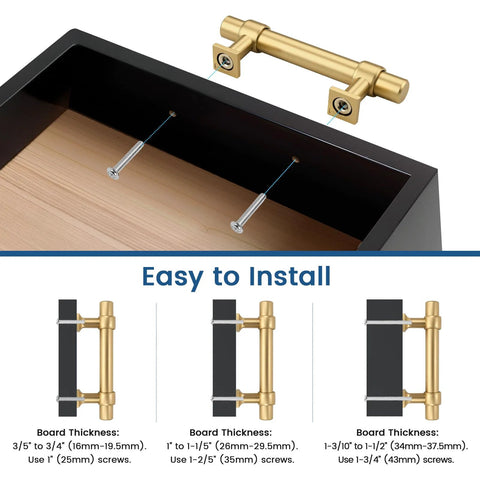 Installation guide for 10 Pack 2.5 Inch Gold Cabinet Drawer Pulls Champagne Gold Modern Handles on black drawer.