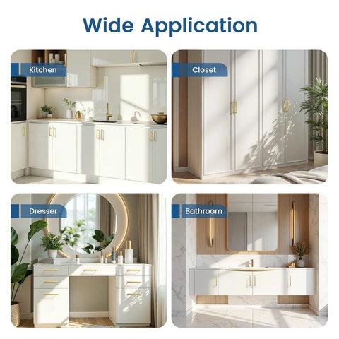 Diamond Knurled Gold Cabinet Pulls Set For Kitchen 5 Inch Hole Center Aluminum Alloy Handles shown in kitchen, closet, dresser, bathroom.