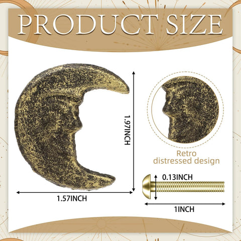 Gold Finish Cast Iron Crescent Moon Cabinet Knob with celestial face motif, retro distressed design, 1.97 x 1.57 inch dimensions.
