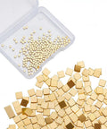 Image of Gold Chip Solder Set 200Pcs 2x2mm 24K gold plated brass chips for jewelry and electronics soldering, displayed in box and scattered