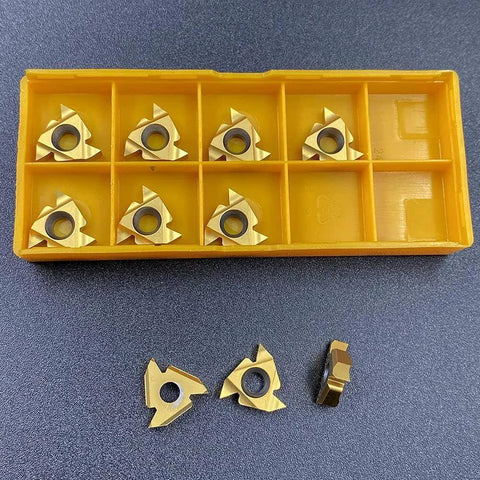 Carbide Threading Inserts 10 Pack 16IR AG55 Gold Coated For SER And SEL Threading Holders in tray and loose.