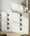 White dresser with Gold Finish Cast Iron Crescent Moon Cabinet Knobs Set Of 6 For Vintage Gothic Furniture Durable Solid Hardware shown.