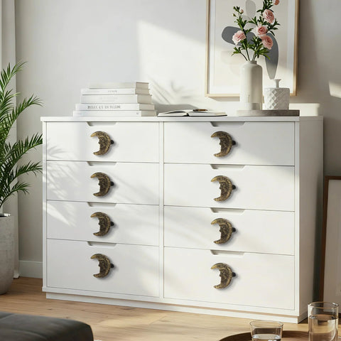 White dresser with Gold Finish Cast Iron Crescent Moon Cabinet Knobs Set Of 6 For Vintage Gothic Furniture Durable Solid Hardware shown.