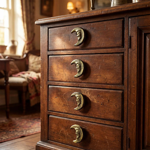 Gold Finish Cast Iron Crescent Moon Cabinet Knobs Set Of 6 installed on vintage wooden dresser drawers.