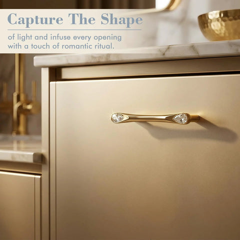 Gold Crystal Drawer Pulls 4 Pack 3-3/4 Inch Hole Center installed on elegant dresser, featuring polished finish with teardrop crystal accents.