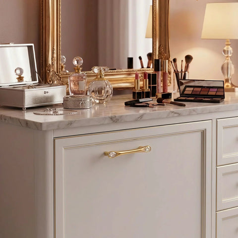Gold Crystal Drawer Pulls 4 Pack 3-3/4 Inch Hole Center 5 Inch on elegant dresser with marble top, zinc alloy and crystal design