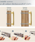 Gold Crystal Drawer Pulls 4 Pack 3-3/4 Inch Hole Center installation guide with cuttable screws for various cabinet thicknesses.