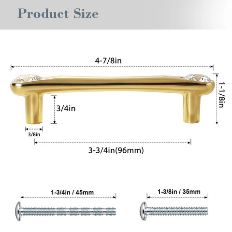 Gold Crystal Drawer Pulls 4 Pack showing product size and dimensions with zinc alloy and premium polished finish.