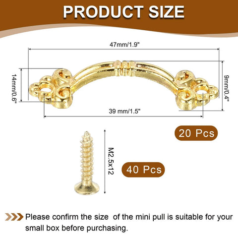20Pcs Mini Decorative Drawer Pulls Gold Finish 1.9 Inch Zinc Alloy Cabinet Handles With Screws product size diagram