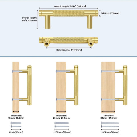 Diagram of Diamond Knurled Gold Cabinet Pulls Set For Kitchen 5 Inch Hole Center Aluminum Alloy Handles with dimensions and installation details