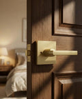 Gold Interior Door Handles Set for Bedroom and Bathroom, Zinc Alloy Heavy Duty Brushed Gold Privacy Levers, installed on wooden door