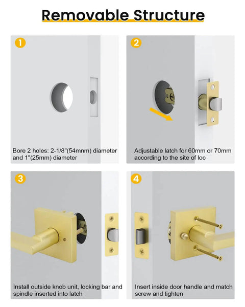 Installation steps for Gold Interior Door Handles Set for Bedroom and Bathroom, Zinc Alloy Heavy Duty Brushed Gold Privacy Levers