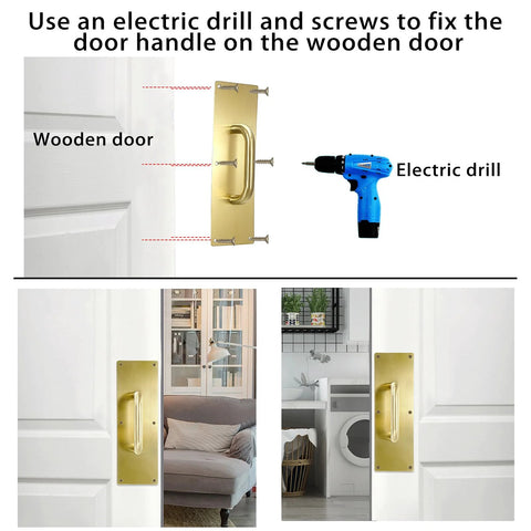 Installation of 12 Inch Stainless Steel Door Handle Pull And Push Plate Set Gold Brushed Finish on Wooden Door with screws and electric drill.