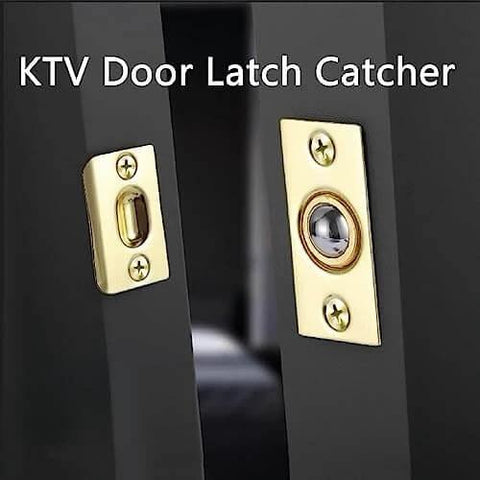 Close-up of KTV door latch catcher in a brass finish, featuring a ball and socket mechanism installed on a black door.