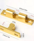 Gold Metal Double Roller Door Catch Latch with dimensions shown for cabinets and interior doors, polished metal.