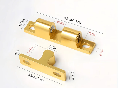 Gold Metal Double Roller Door Catch Latch with dimensions shown for cabinets and interior doors, polished metal.