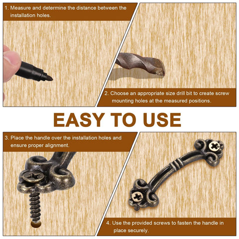 Installation guide for 20Pcs Mini Decorative Drawer Pulls Gold Finish with step-by-step mounting instructions on wood surface.