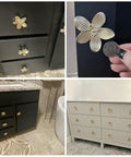 Six Pack 2.4 Inch Gold Flower Cabinet Knobs Set installed on black and white dressers, showcasing vintage floral hardware for decor.