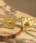 Gold Interior Door Handles Set for Bedroom and Bathroom, Zinc Alloy Heavy Duty Brushed Gold Privacy Levers on wooden display