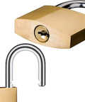 Close-up of 2 Pack Small Keyed Padlocks 32mm Locker Locks in gold with open and closed views, hardened alloy body for luggage and gym lockers.