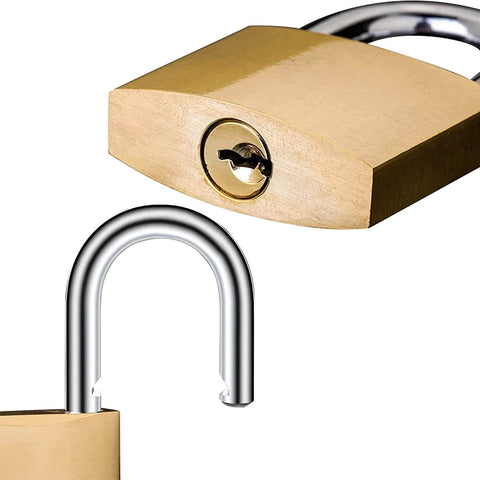 Close-up of 2 Pack Small Keyed Padlocks 32mm Locker Locks in gold with open and closed views, hardened alloy body for luggage and gym lockers.