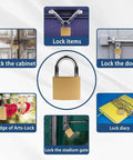 Infographic showing uses of 2 Pack Small Keyed Padlocks 32mm Locker Locks In Gold, Compact Hardened Alloy, for cabinets, doors, diaries.