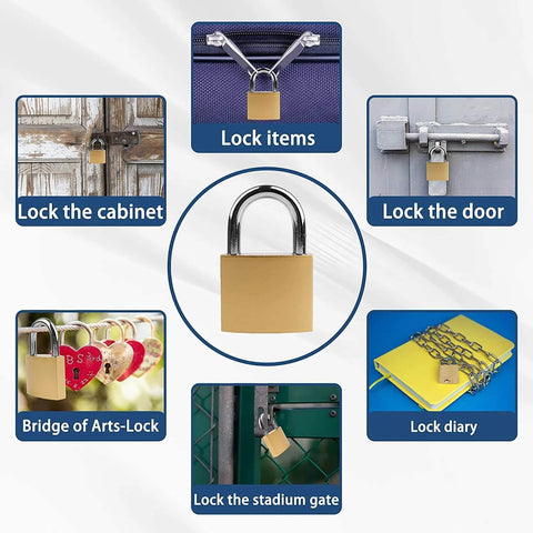 Infographic showing uses of 2 Pack Small Keyed Padlocks 32mm Locker Locks In Gold, Compact Hardened Alloy, for cabinets, doors, diaries.