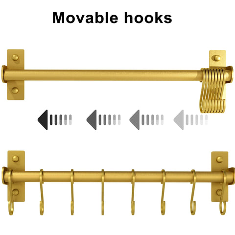 Kitchen Utensil Holder Hanger, Pot and Pan Rack Wall Mounted, gold kitchen rail with 8 movable hooks for hanging utensils
