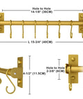 Gold kitchen rail with 8 hooks, wall-mounted pot and pan rack in premium aluminum, dimensions 16 inches, detailed measurements shown