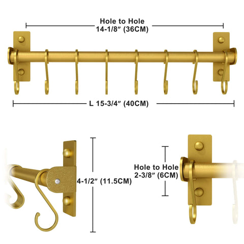 Gold kitchen rail with 8 hooks, wall-mounted pot and pan rack in premium aluminum, dimensions 16 inches, detailed measurements shown