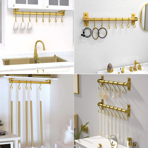 Kitchen Utensil Holder Hanger, Pot and Pan Rack Wall Mounted, Kitchen Rail with 8 Hooks for Hanging Cooking Utensils, Mugs, Spoons, Gold.