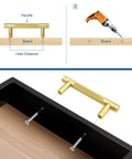 Installation guide for gold knurled cabinet pulls with 5-inch centers, showing drill alignment and attachment on drawer.