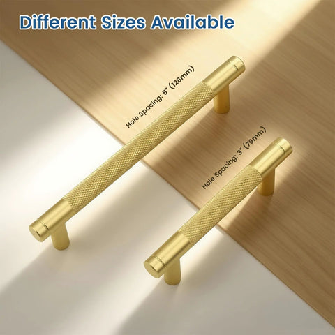 Gold Knurled Cabinet Pulls Set of 30 With 5 Inch Hole Center Aluminum Alloy Handles for Kitchen Cabinets displayed on wood surface