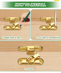 Installation steps for a gold latch showing marking, screwing, and finished placement on a wooden surface.